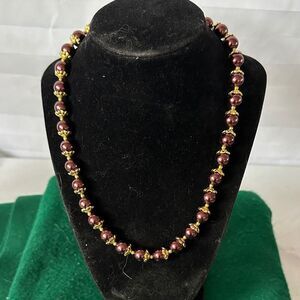 Elegant Gold Tone Jewelry Set – Dark Purple Beads Necklace & Earrings